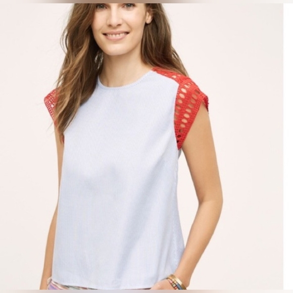 Medium Maeve anthropology swing knit sleeve summer horizontal pinstripe denim - Picture 2 of 8